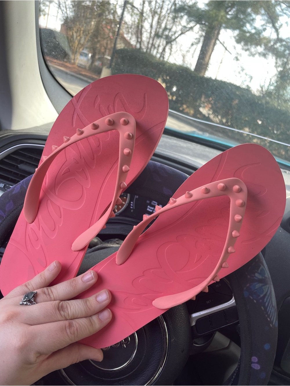 Louis Vuitton Pink Stud-Accent Rubber Flip Flop Sandals